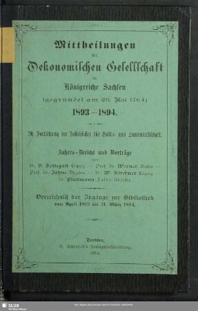 1893/94: Bibliothek der Ökonomischen Gesellschaft im Königreiche Sachsen : Zugänge vom ...
