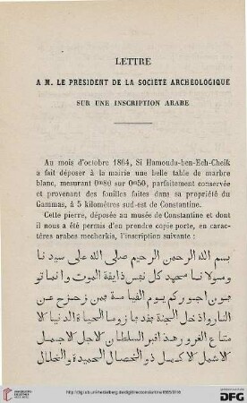 Lettre à M. le président de la Société Archéologique sur une inscription arabe