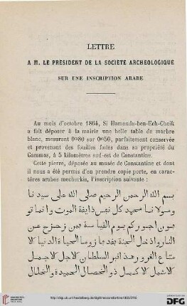 Lettre à M. le président de la Société Archéologique sur une inscription arabe