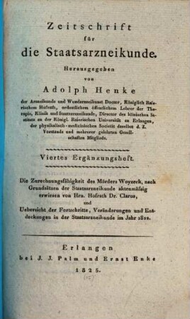 Zeitschrift für die Staatsarzneikunde. Ergänzungsheft. 4. 1825