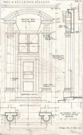 Fischer, Theodor; Nürnberg; Haus Adelsberger - Haupteingangstür (Grundriss, Ansicht m. Schnitt, Schnitt)