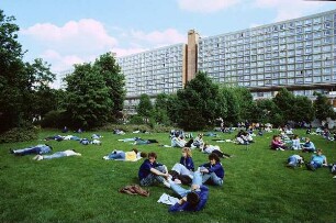 Berlin, Rathausstraße. FDJler, beim Pfingsttreffen der FDJ auf einer Wiese pausierend
