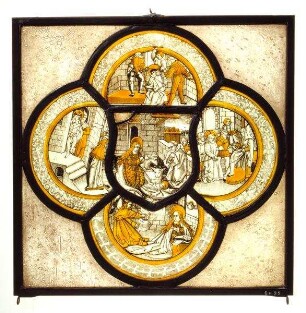 Kabinettscheibe im Vierpass mit Darstellungen aus dem Leben Christi und Mariä. Einzelszenen: Christi Geburt (Mitte), Mariae Tempelgang (links), Beschneidung Christi (oben), Darbringung im Tempel (rechts), Flucht nach Ägypten (links)