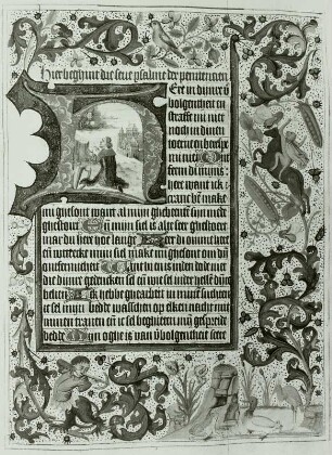 Illumination eines Stundenbuches: Schriftspiegel mit Anbetenden in Initiale H und ornamentale Rahmung mit Fabelwesen