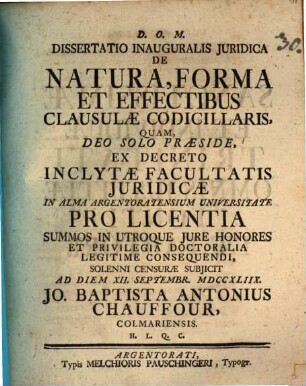Diss. inaug. iur. de natura, forma et effectibus clausulae codicillaris