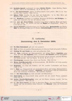 IX. Auctionstag: Donnerstag, den 3. December 1896 (Nr. 1405 - 1593)