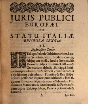 Joachimi Hagemeieri Iuris Publici Europaei De Statu Italiae Epistola VI. Ad Illustrissimum Dominum Albertum Anthonium, Comitem Schwartzburgicum