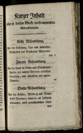 Kurzer Inhalt aller in diesem Werke vorkommende Abhandlungen.