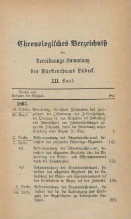 Chronologisches Verzeichniß der Verordnungs-Sammlung des Fürstenthums Lübeck. XII. Band