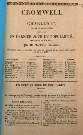 Cromwell et Charles I. : Drame en cinq actes ; précédé de Un dernier jour de popularité, Prologue en un acte