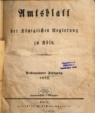 Amtsblatt für den Regierungsbezirk Köln. 1832, 1832