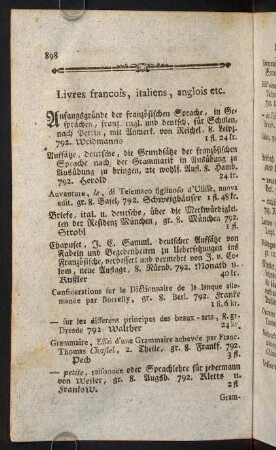 898-899, Livres francois, italiens, anglois etc.