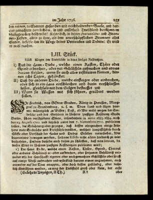 LIII. Stück. Edict Wegen der Diebstähle in denen hiesigen Residentzien.