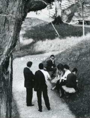 Gruppe von jungen Menschen auf einer Bank unter einem Baum