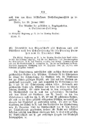 Identität der Eigenschaft als Patron und als Gutsherr nach der Schulordnung für die Provinz Preußen vom 11. December 1845 : [V. Elementarschulwesen]