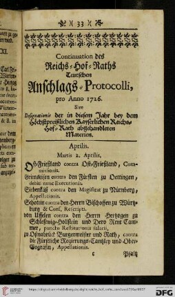Continuation des Reichs-Hof-Raths Teutschen Anschlags-Protocolli, pro Anno 1726