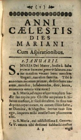 Anni Caelestis Dies Mariani : Cum devotis aspirationibus ad B. V. E propriis cuiusvis diei gestis In anni dies singulos distributis