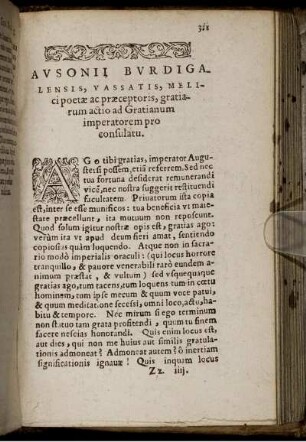 Ausonii Burdigalensis, Vassatis, Melici poetae ac praeceptoris, gratiarum actio ad Gratianum imperatorem pro consulatu