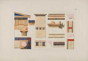 Details antiker Architektur. Blatt 3a aus dem Tafelwerk "Anwendung der Farben in der Architektur und Plastik" von Gottfried Semper, Heft 1, Dresden 1836