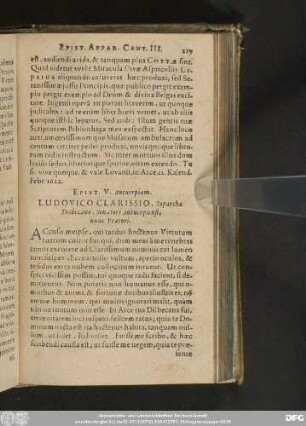 Epist. V. Antverpiam. Ludovico Clarissio, Toparchae Dilbecano, Senatori Antverpiensi, nunc Praetori.