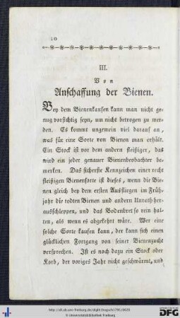 III. Von Anschaffung der Bienen.