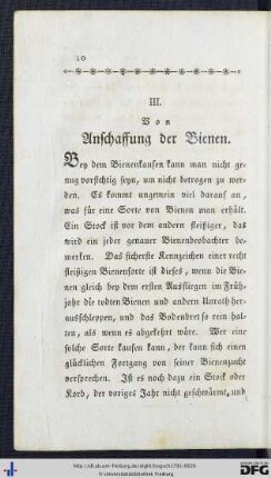 III. Von Anschaffung der Bienen.