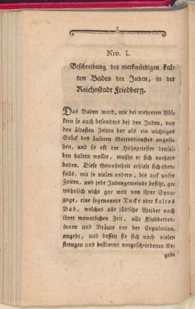 Nro. I. Beschreibung des merkwürdigen kalten Bades der Juden, in der Rechsstadt Friedberg
