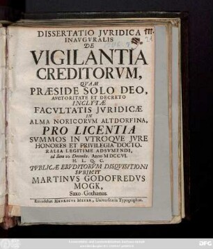 Dissertatio Jvridica Inavgvralis De Vigilantia Creditorvm