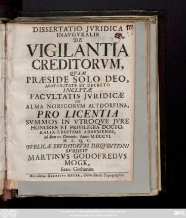 Dissertatio Jvridica Inavgvralis De Vigilantia Creditorvm