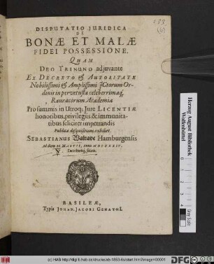 Disputatio Iuridica De Bonae Et Malae Fidei Possessione