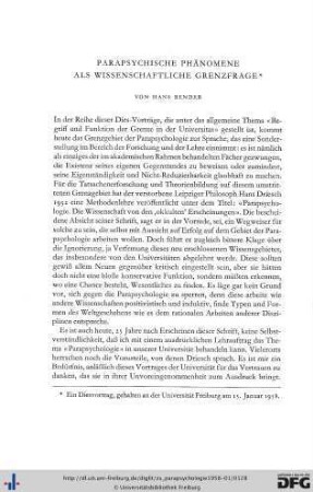 Hans Bender: Parapsychische Phänomene als wissenschaftliche Grenzfrage