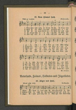 Vaterland-, Heimat-, Soldaten- und Jägerlieder.