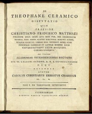 De Theophane Ceramico : Pars I. De Theophane Interprete