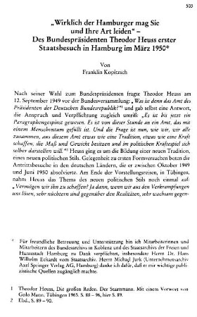 "Wirklich der Hamburger mag Sie und Ihre Art leiden" : des Bundespräsidenten Theodor Heuss erster Staatsbesuch in Hamburg im März 1950