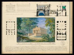 Erbbegräbnis Monatskonkurrenz Juni 1829: Grundriss Keller, Erdgeschoss, Aufriss Vorderansicht, Seitenansicht, Längsschnitt, Querschnitt, perspektivische Ansicht; Text, Maßstabsleiste