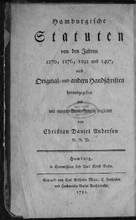 Theil 1: ... welcher die Statuten von den Jahren 1270, 1276, 1292 und 1497, nebst einer Nachricht von der Bursprake und den Recessen enthält