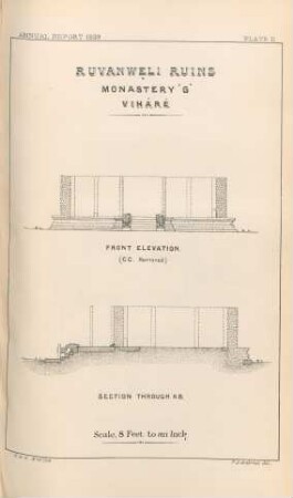 Plate II. Ruvanweli Ruins. Monastery "G". Vihârê. Front elevation. Section through AB