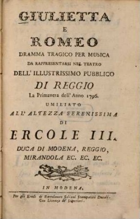 Giulietta e Romeo : Dramma tragico per musica