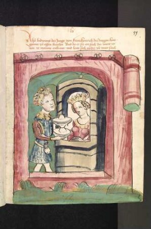 Die Geschichte von zwei Freunden (Vaticinium/ Amici): Ludwig d. J. bringt Florentina, der Königstocher, zu essen und verliebt sich in sie