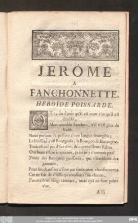 Jerôme A Fanchonette, Héroïde Poissarde.