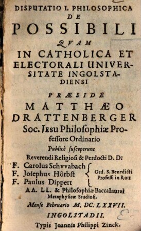 Disputatio I. Philosophica De Possibili