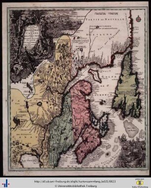 Partie orientale de la Nouvelle France ou de Canada avec d’Isle de Terre-Neuve et de Nouvelle Escosse Acadie et Nouv. Angleterre.