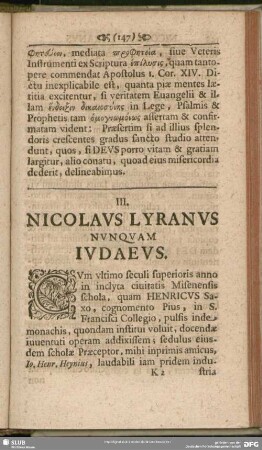 III. Nicolaus Lyranus Nunquam Judaeos