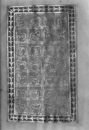 Evangeliar der Judith von Flandern — Zierseite mit Löwen in 28 Feldern, Folio 3recto
