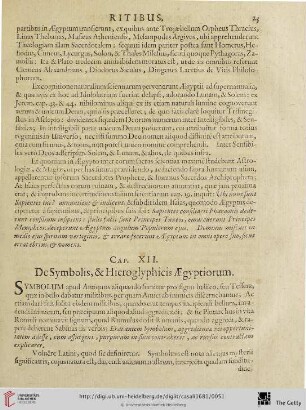 Cap. XII: De Symbolis, & Hieroglyphicis Aegyptiorum.