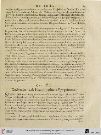 Cap. XII: De Symbolis, & Hieroglyphicis Aegyptiorum.