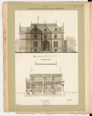 Villenartiges Wohnhaus, Lüdenscheid Monatskonkurrenz Dezember 1883: Aufriss Seitenansicht, Querschnitt; Maßstabsleiste