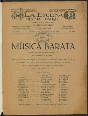 Mùsica barata : sainete en tres cuadros