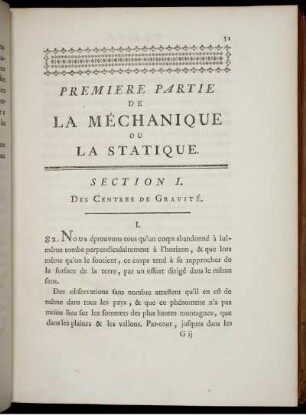 Premiere Partie de la Méchanique ou la Statique. Section I. Des Centres de Gravité.