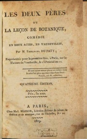 Les deux pères ou la leçon de botanique : comédie en deux actes, en vaudevilles